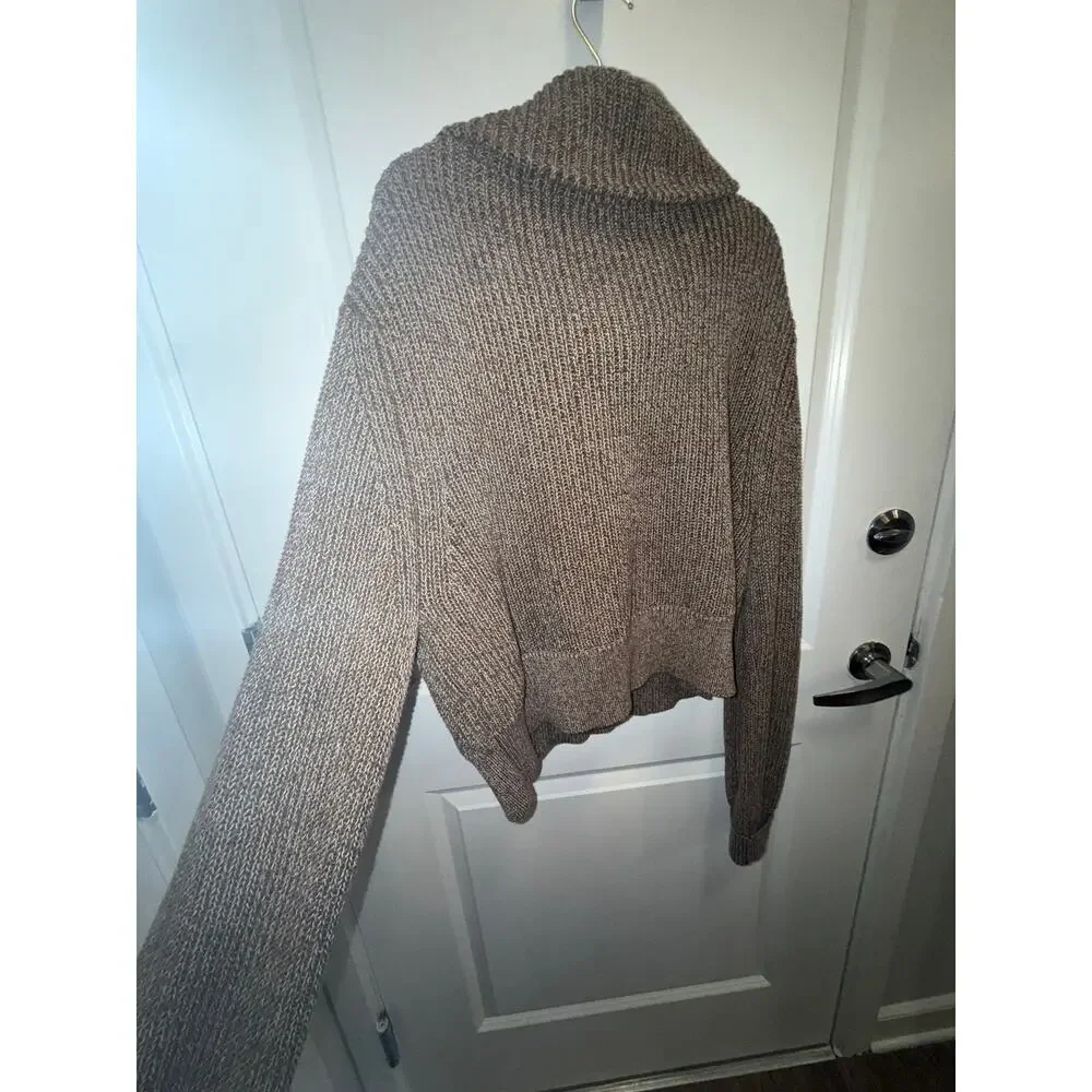 Varley Chunky Knit Quarter Zip Sweater Women Brown Oversized Collar Cozy